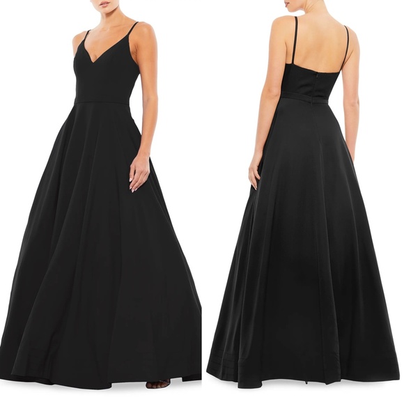 NEW IEENA For Mac Duggal BLACK Classic A-LINE V-Neck CREPE Wedding BALL GOWN 4 - Picture 1 of 16